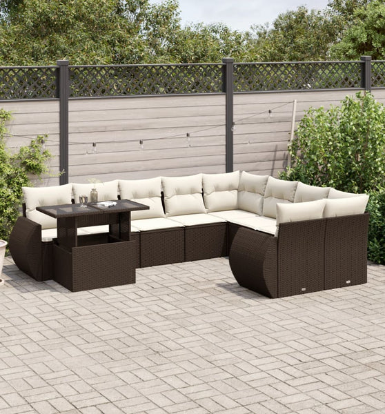 10-tlg. Garten-Sofagarnitur mit Kissen Braun Poly Rattan
