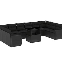 11-tlg. Garten-Sofagarnitur mit Kissen Schwarz Poly Rattan