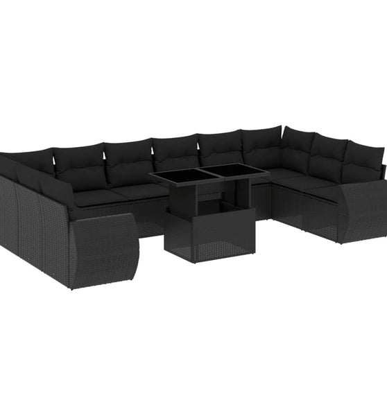 11-tlg. Garten-Sofagarnitur mit Kissen Schwarz Poly Rattan