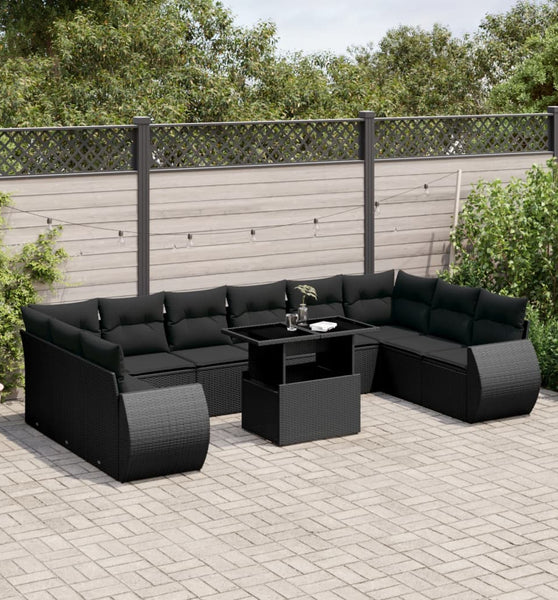 11-tlg. Garten-Sofagarnitur mit Kissen Schwarz Poly Rattan
