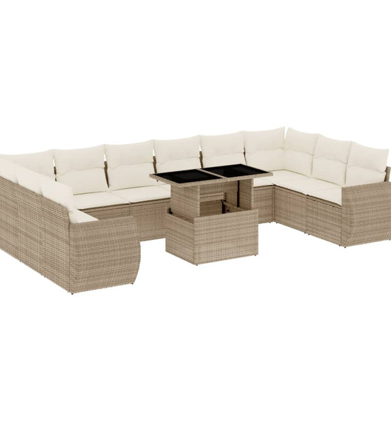 11-tlg. Garten-Sofagarnitur mit Kissen Beige Poly Rattan