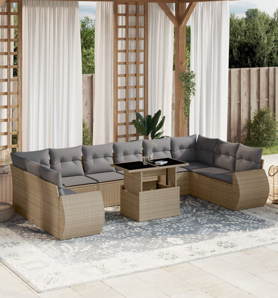 11-tlg. Garten-Sofagarnitur mit Kissen Beige Poly Rattan