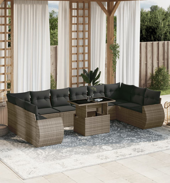 11-tlg. Garten-Sofagarnitur mit Kissen Grau Poly Rattan