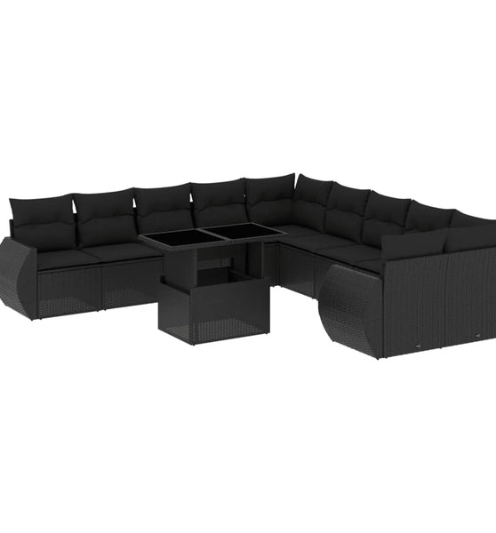 11-tlg. Garten-Sofagarnitur mit Kissen Schwarz Poly Rattan