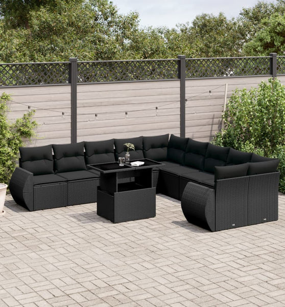 11-tlg. Garten-Sofagarnitur mit Kissen Schwarz Poly Rattan