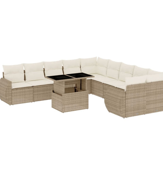11-tlg. Garten-Sofagarnitur mit Kissen Beige Poly Rattan