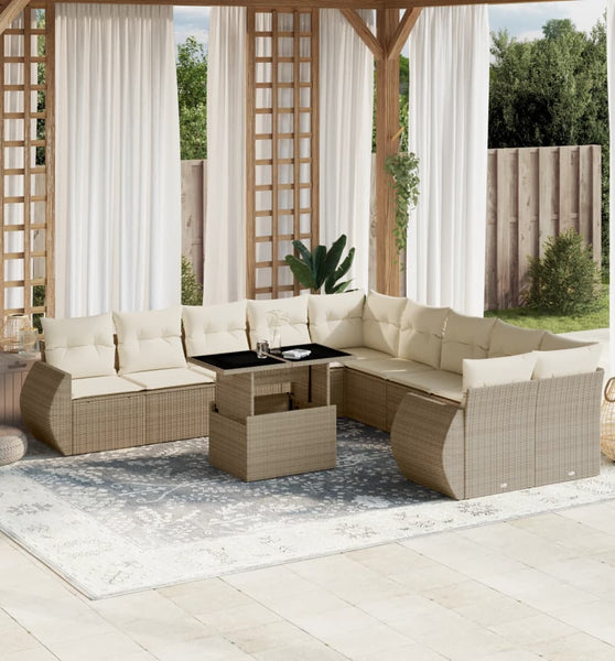 11-tlg. Garten-Sofagarnitur mit Kissen Beige Poly Rattan