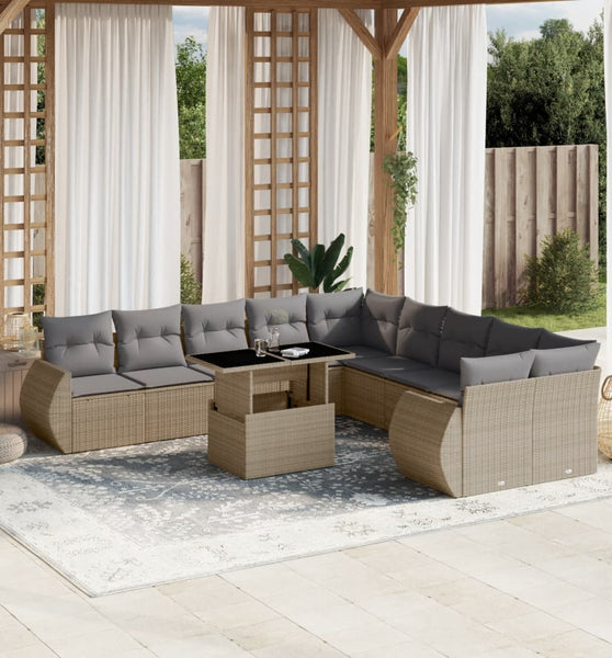 11-tlg. Garten-Sofagarnitur mit Kissen Beige Poly Rattan