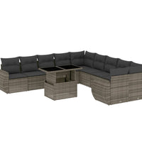 11-tlg. Garten-Sofagarnitur mit Kissen Grau Poly Rattan
