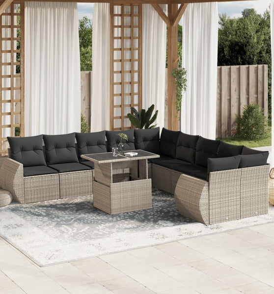 11-tlg. Garten-Sofagarnitur mit Kissen Hellgrau Poly Rattan