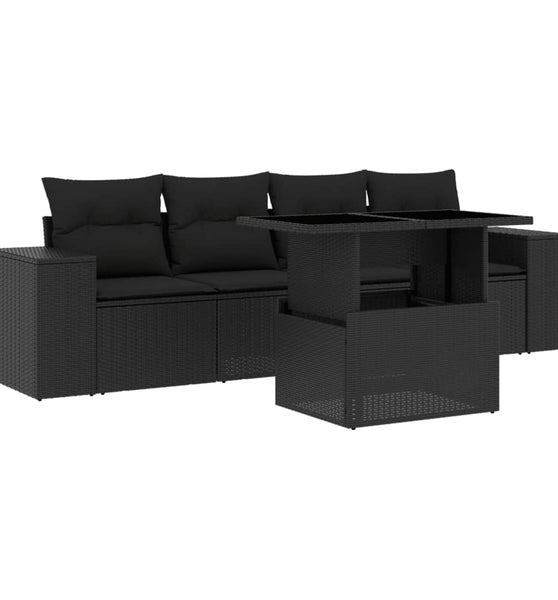 5-tlg. Garten-Sofagarnitur mit Kissen Schwarz Poly Rattan