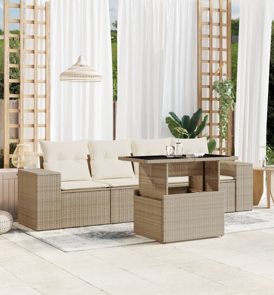 5-tlg. Garten-Sofagarnitur mit Kissen Beige Poly Rattan