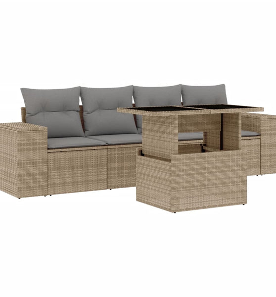 5-tlg. Garten-Sofagarnitur mit Kissen Beige Poly Rattan