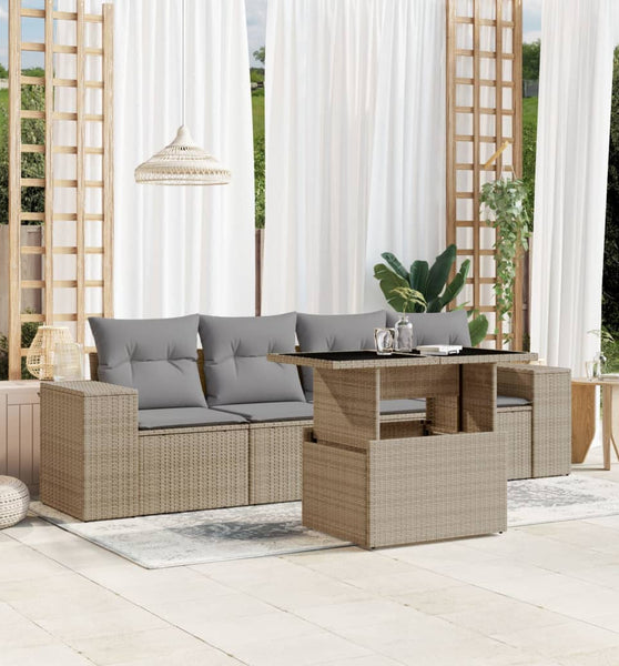 5-tlg. Garten-Sofagarnitur mit Kissen Beige Poly Rattan