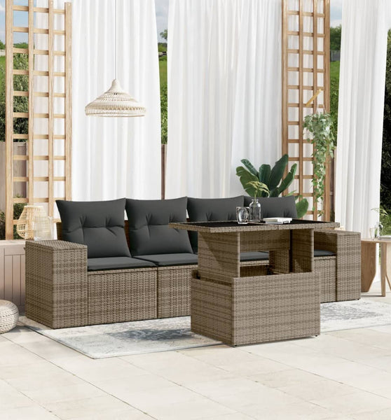 5-tlg. Garten-Sofagarnitur mit Kissen Grau Poly Rattan