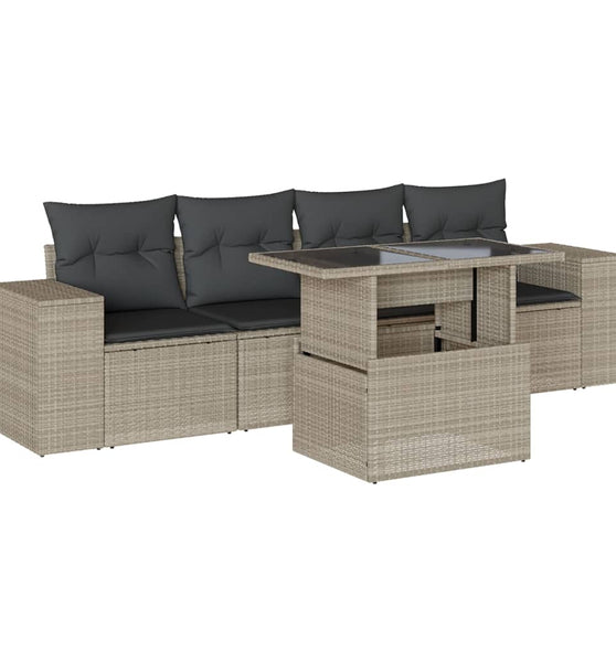 5-tlg. Garten-Sofagarnitur mit Kissen Hellgrau Poly Rattan