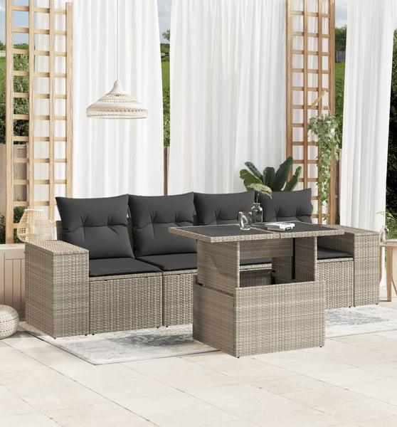 5-tlg. Garten-Sofagarnitur mit Kissen Hellgrau Poly Rattan