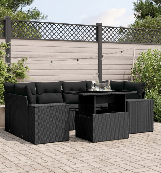 7-tlg. Garten-Sofagarnitur mit Kissen Schwarz Poly Rattan