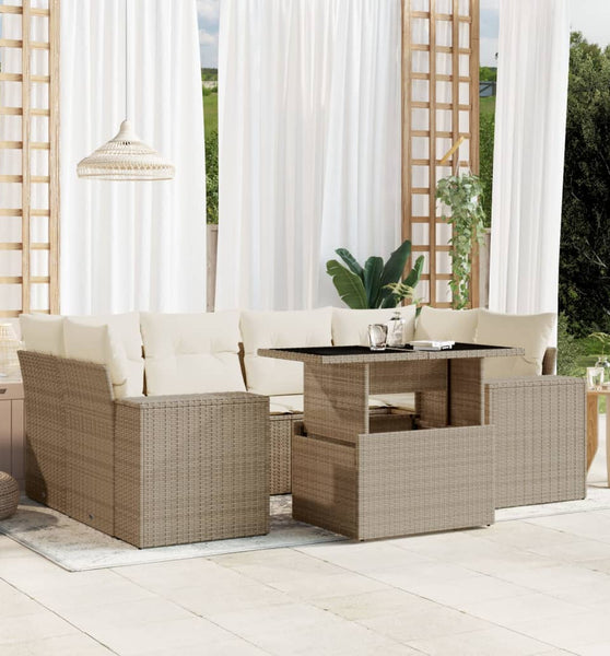 7-tlg. Garten-Sofagarnitur mit Kissen Beige Poly Rattan