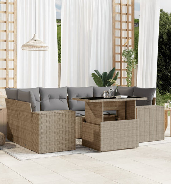 7-tlg. Garten-Sofagarnitur mit Kissen Beige Poly Rattan