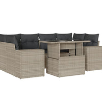 7-tlg. Garten-Sofagarnitur mit Kissen Hellgrau Poly Rattan