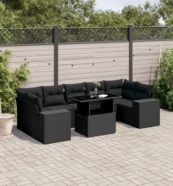 8-tlg. Garten-Sofagarnitur mit Kissen Schwarz Poly Rattan