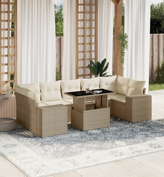 8-tlg. Garten-Sofagarnitur mit Kissen Beige Poly Rattan