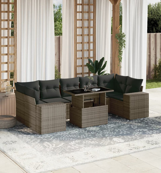 8-tlg. Garten-Sofagarnitur mit Kissen Grau Poly Rattan