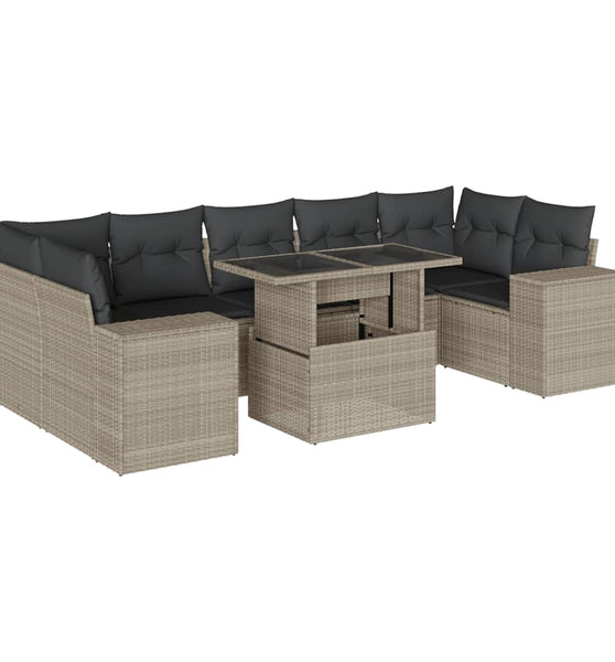 8-tlg. Garten-Sofagarnitur mit Kissen Hellgrau Poly Rattan