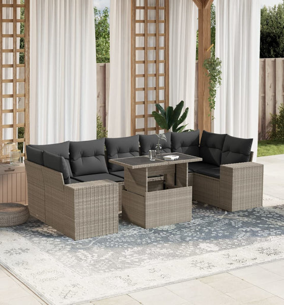 8-tlg. Garten-Sofagarnitur mit Kissen Hellgrau Poly Rattan