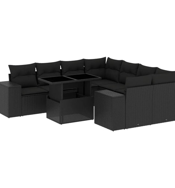 9-tlg. Garten-Sofagarnitur mit Kissen Schwarz Poly Rattan