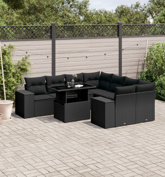 9-tlg. Garten-Sofagarnitur mit Kissen Schwarz Poly Rattan