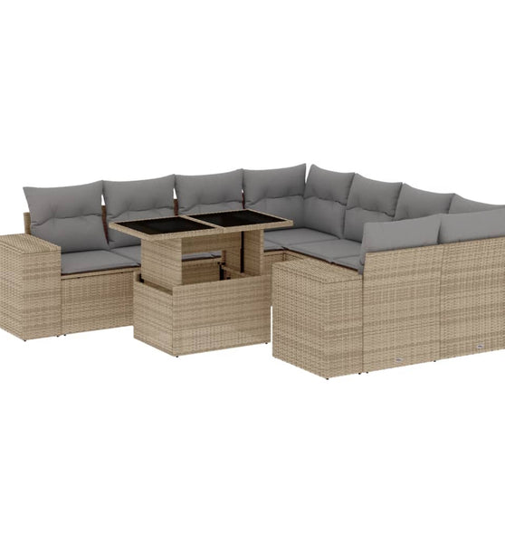 9-tlg. Garten-Sofagarnitur mit Kissen Beige Poly Rattan