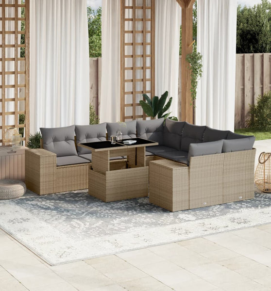 9-tlg. Garten-Sofagarnitur mit Kissen Beige Poly Rattan
