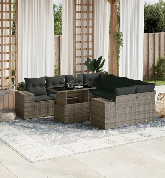 9-tlg. Garten-Sofagarnitur mit Kissen Grau Poly Rattan