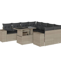 9-tlg. Garten-Sofagarnitur mit Kissen Hellgrau Poly Rattan