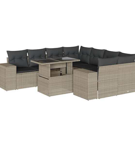 9-tlg. Garten-Sofagarnitur mit Kissen Hellgrau Poly Rattan