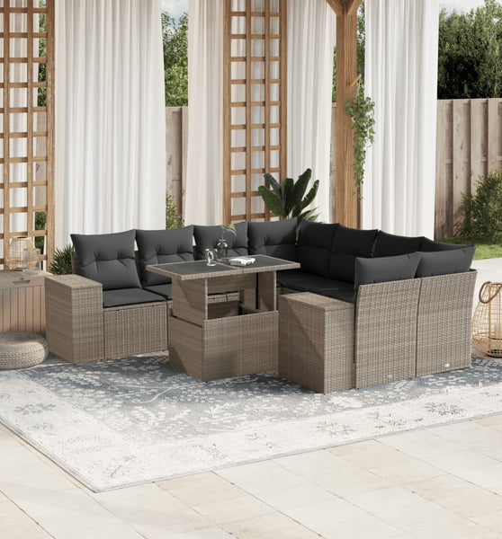 9-tlg. Garten-Sofagarnitur mit Kissen Hellgrau Poly Rattan