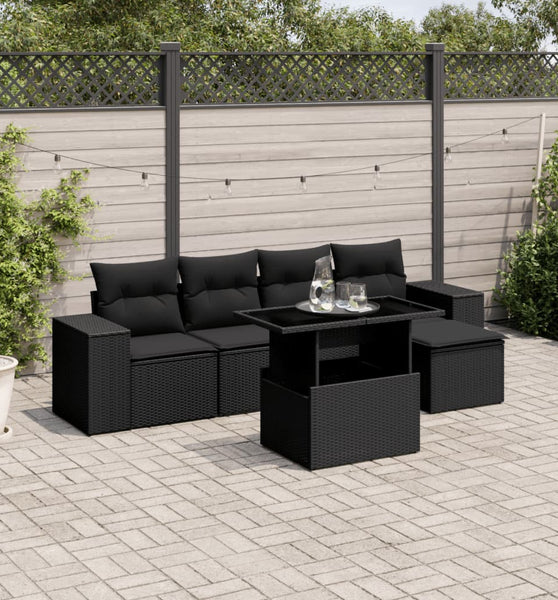6-tlg. Garten-Sofagarnitur mit Kissen Schwarz Poly Rattan