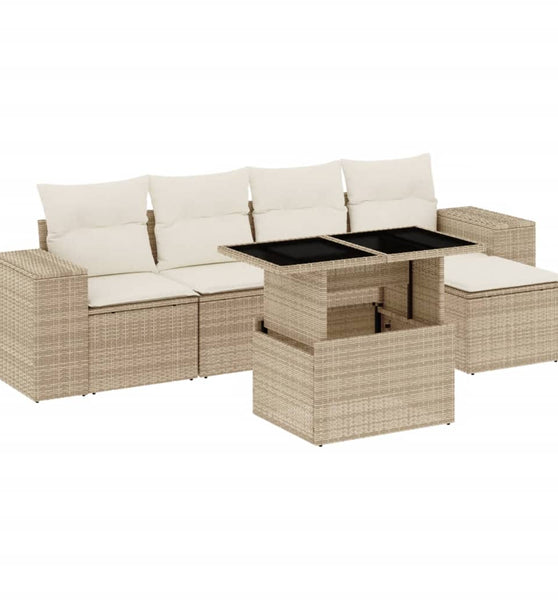 6-tlg. Garten-Sofagarnitur mit Kissen Beige Poly Rattan