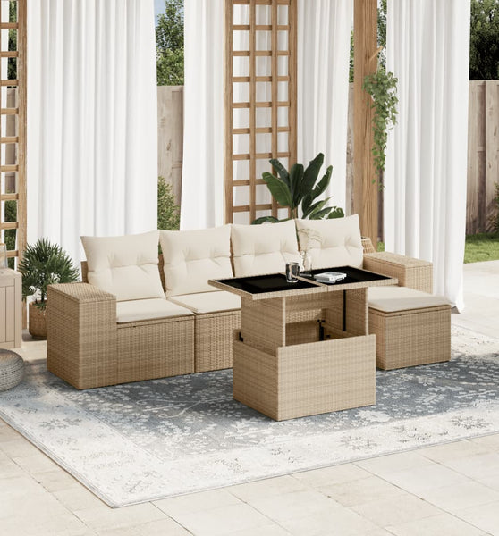 6-tlg. Garten-Sofagarnitur mit Kissen Beige Poly Rattan