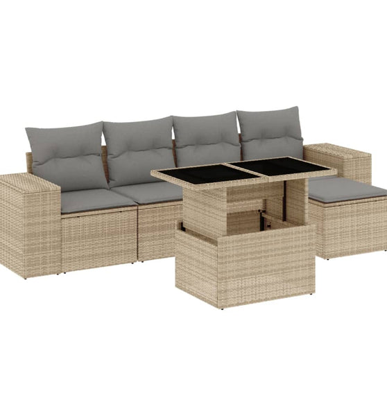6-tlg. Garten-Sofagarnitur mit Kissen Beige Poly Rattan