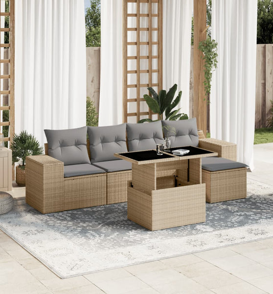6-tlg. Garten-Sofagarnitur mit Kissen Beige Poly Rattan