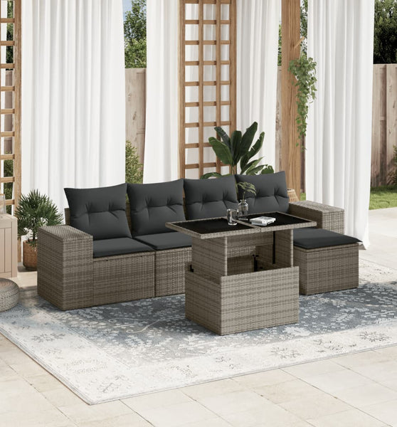 6-tlg. Garten-Sofagarnitur mit Kissen Grau Poly Rattan