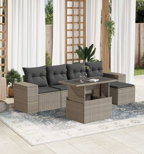 6-tlg. Garten-Sofagarnitur mit Kissen Hellgrau Poly Rattan