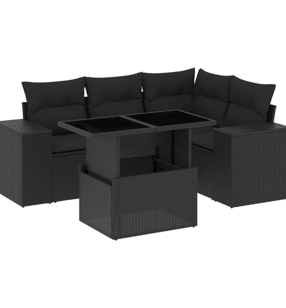 5-tlg. Garten-Sofagarnitur mit Kissen Schwarz Poly Rattan