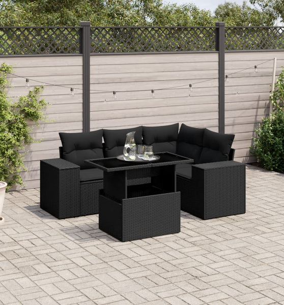 5-tlg. Garten-Sofagarnitur mit Kissen Schwarz Poly Rattan