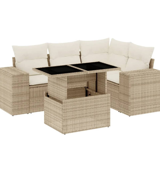 5-tlg. Garten-Sofagarnitur mit Kissen Beige Poly Rattan