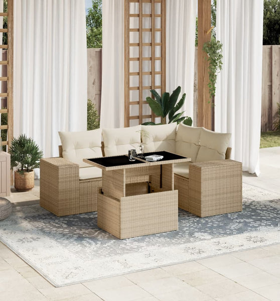 5-tlg. Garten-Sofagarnitur mit Kissen Beige Poly Rattan