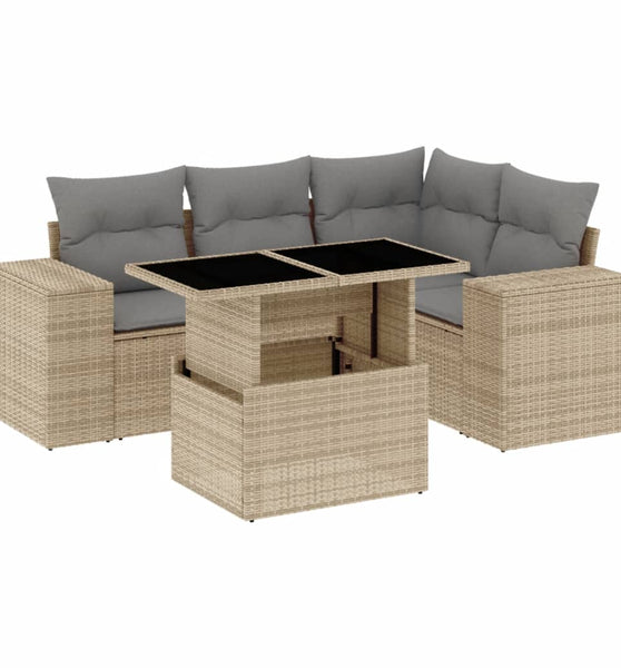 5-tlg. Garten-Sofagarnitur mit Kissen Beige Poly Rattan